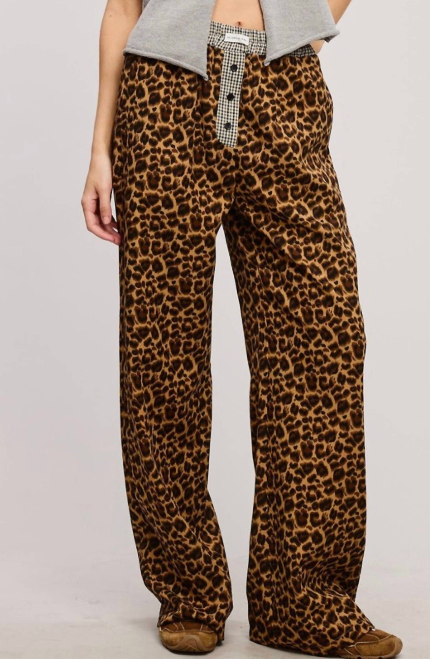 Mimosa Plaid Flannel Contrast Waistband Leopard Boxer Pant in grey - women's pants