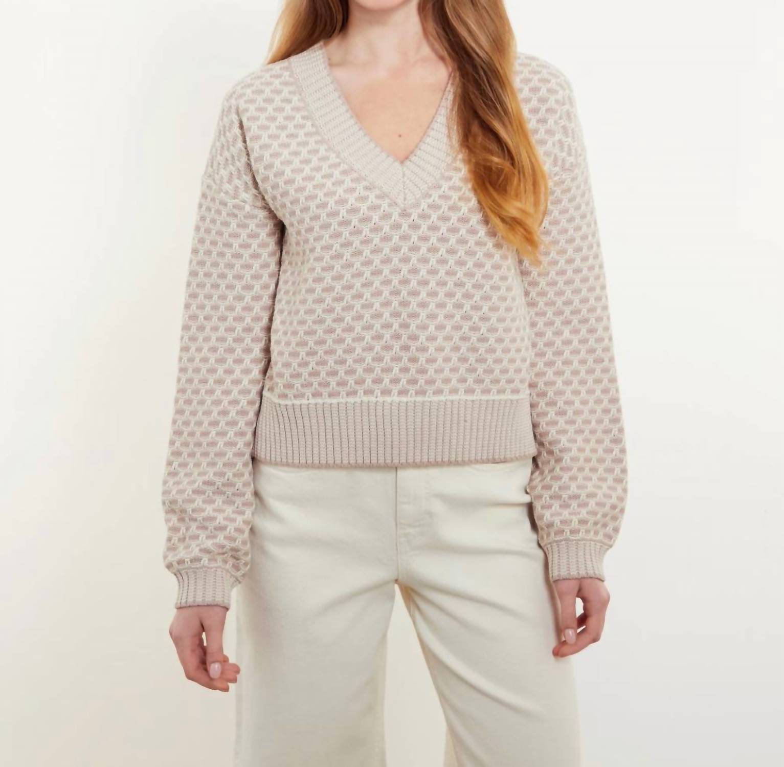 &Isla Brynn Stitch V-neck Sweater in latte oatmeal - women's sweater