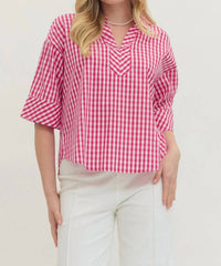 Entrousa - Women's Gingham 3/4 Sleeve Top