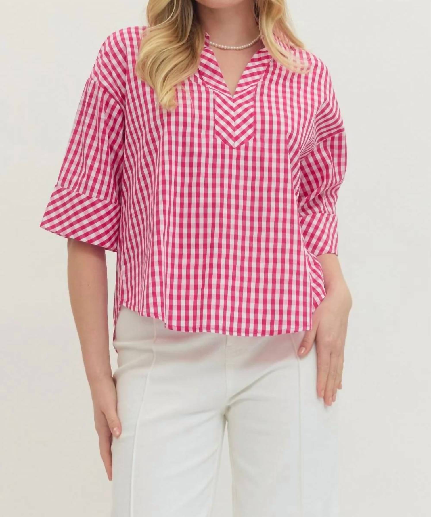 Entrousa - Women's Gingham 3/4 Sleeve Top