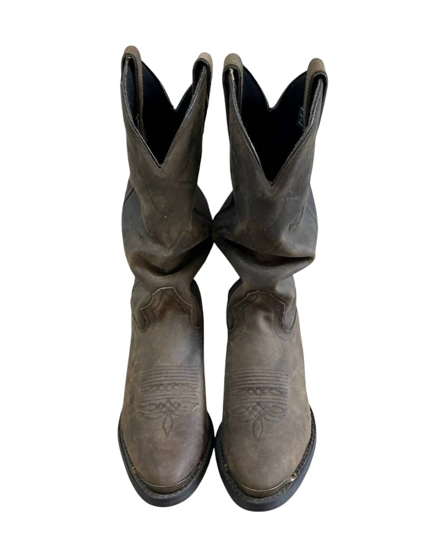 Double-H Boots Men's Slouch Leather Western Cowboy Boots in classic brown - men's boots - detail view