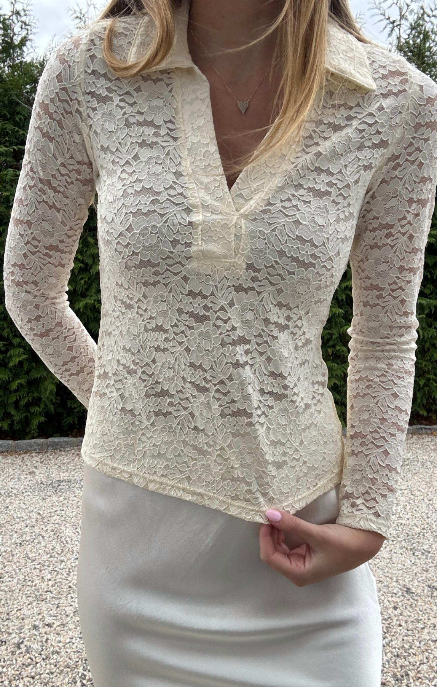 red haute Dahlia Deep V Collar Lace Top in cream - women's long sleeve top