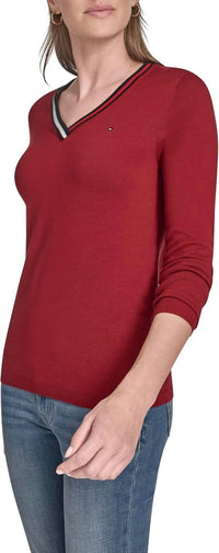 Tommy Hilfiger V-neck Long Sleeve Sweater With Striped Neckline in maroon - women's sweater - detail view