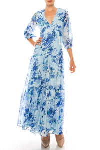 Maison Tara - Floral Print Three Fourth Sleeve Tiered Maxi Dress