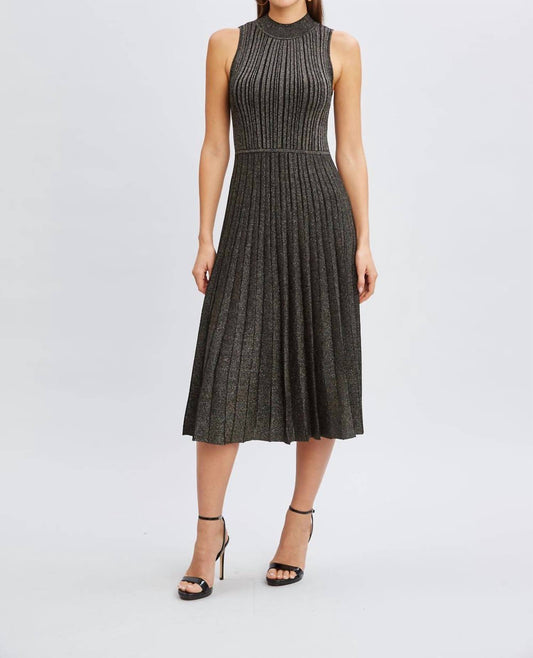 Tahari - Metallic Mock-neck Pleated Fit & Flare Dress