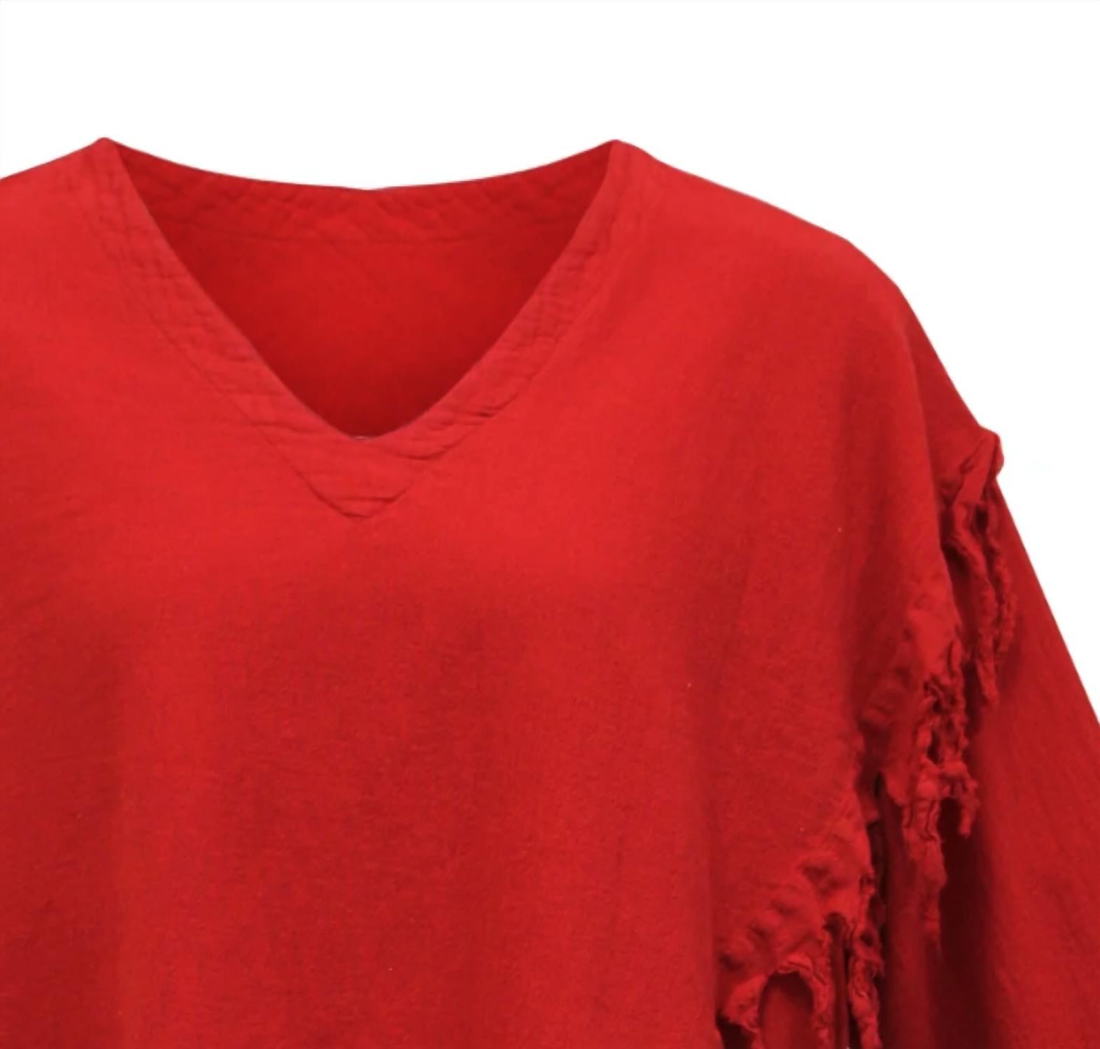 Maria de Guadalajara Women's Fringe Cotton Gauze Top in red - women's blouse - detail view