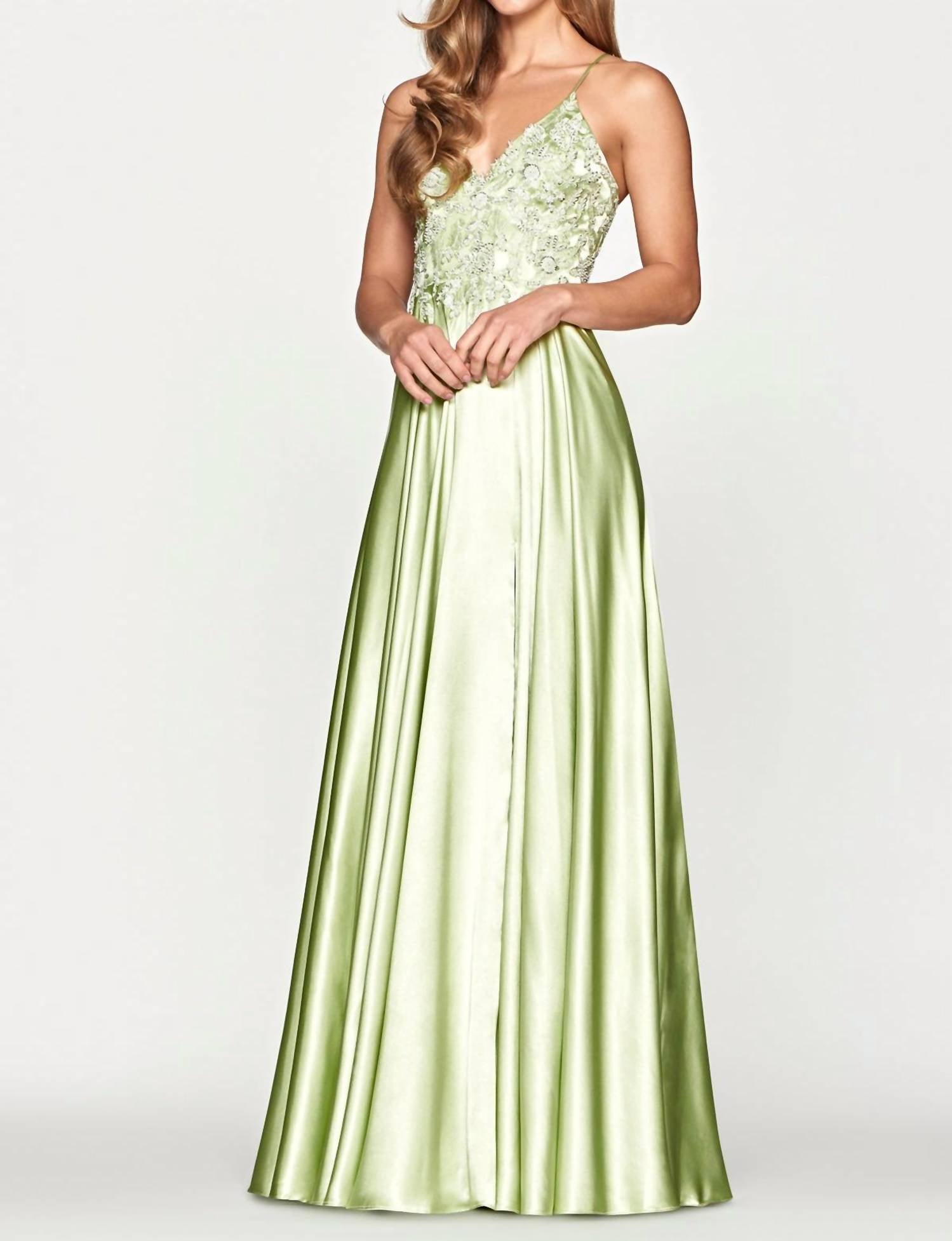 FAVIANA Beaded Bodice A-line Gown in celery - women's dress - alternate view