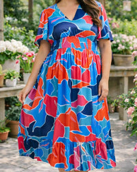 Doe and Rae Coral Bay Garden Midi Dress - Plus in blue orange - women's dress - detail view