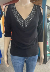 Vocal Apparel - Women's V Neck Front Stud Embellished 3/4 Sleeve Top