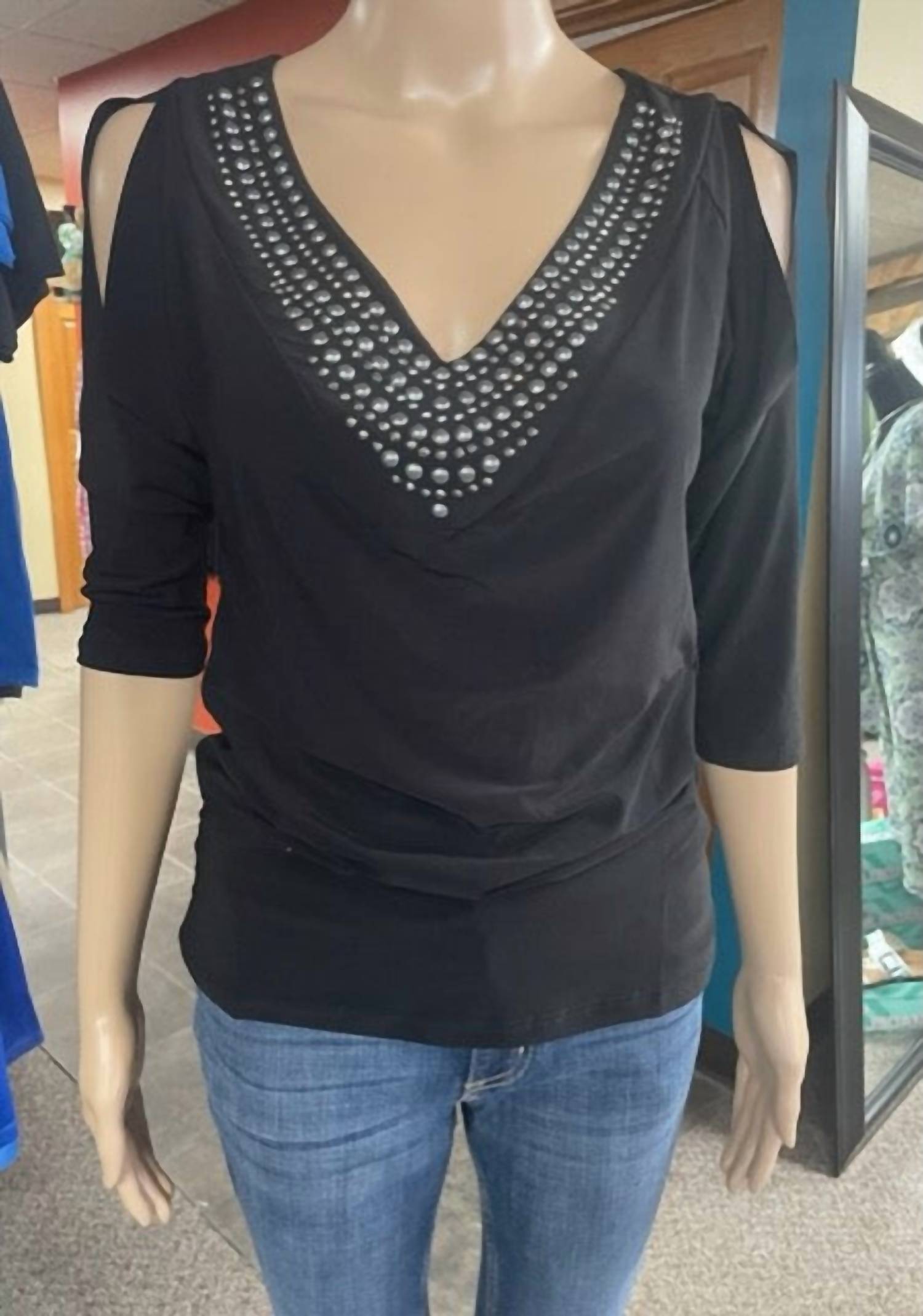 Vocal Apparel - Women's V Neck Front Stud Embellished 3/4 Sleeve Top