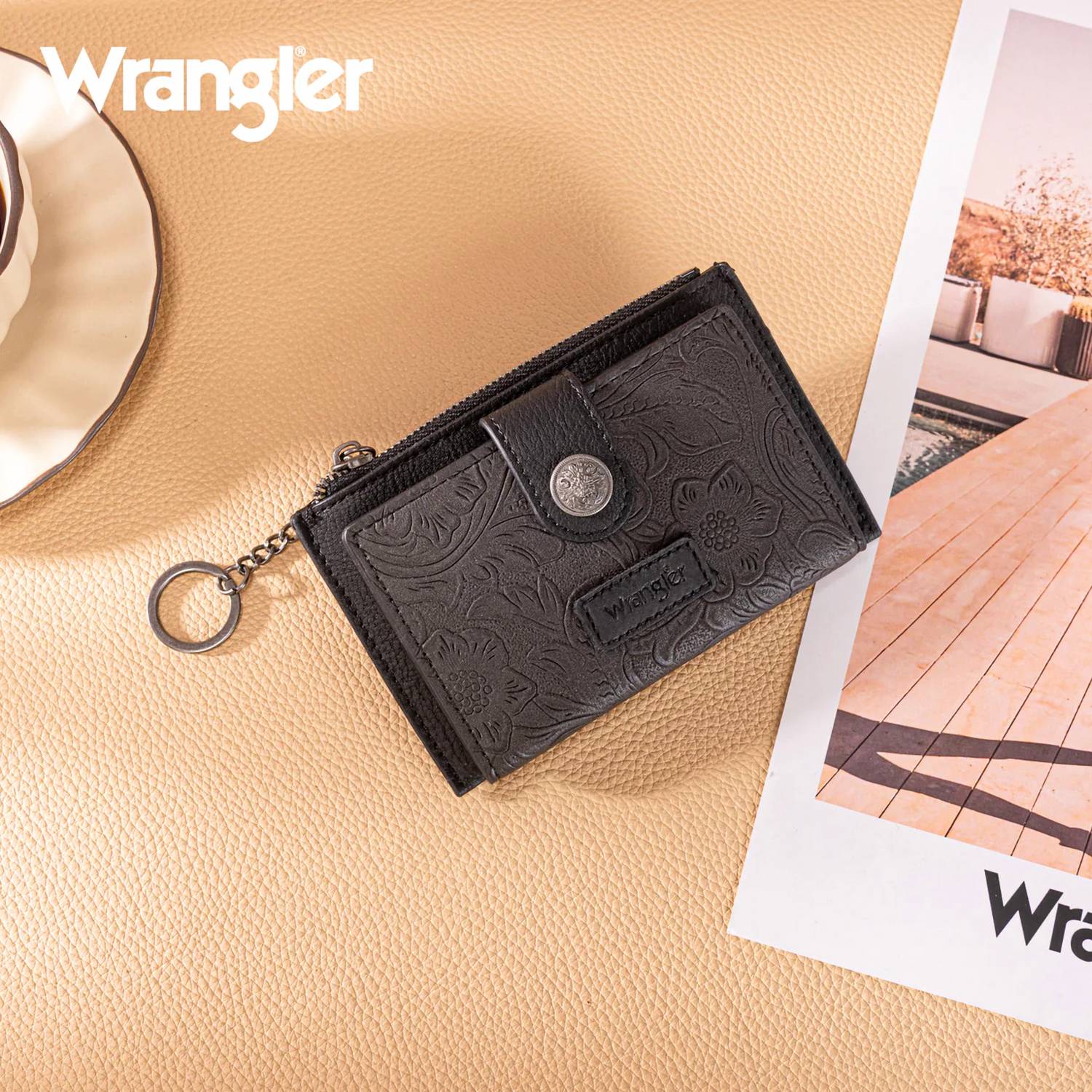 Wrangler Floral Embossed Bi-fold Wallet with Key Ring in black - women's bag