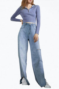 DENNIS CUTOUT SLIT-HEM WIDE-LEG JEANS