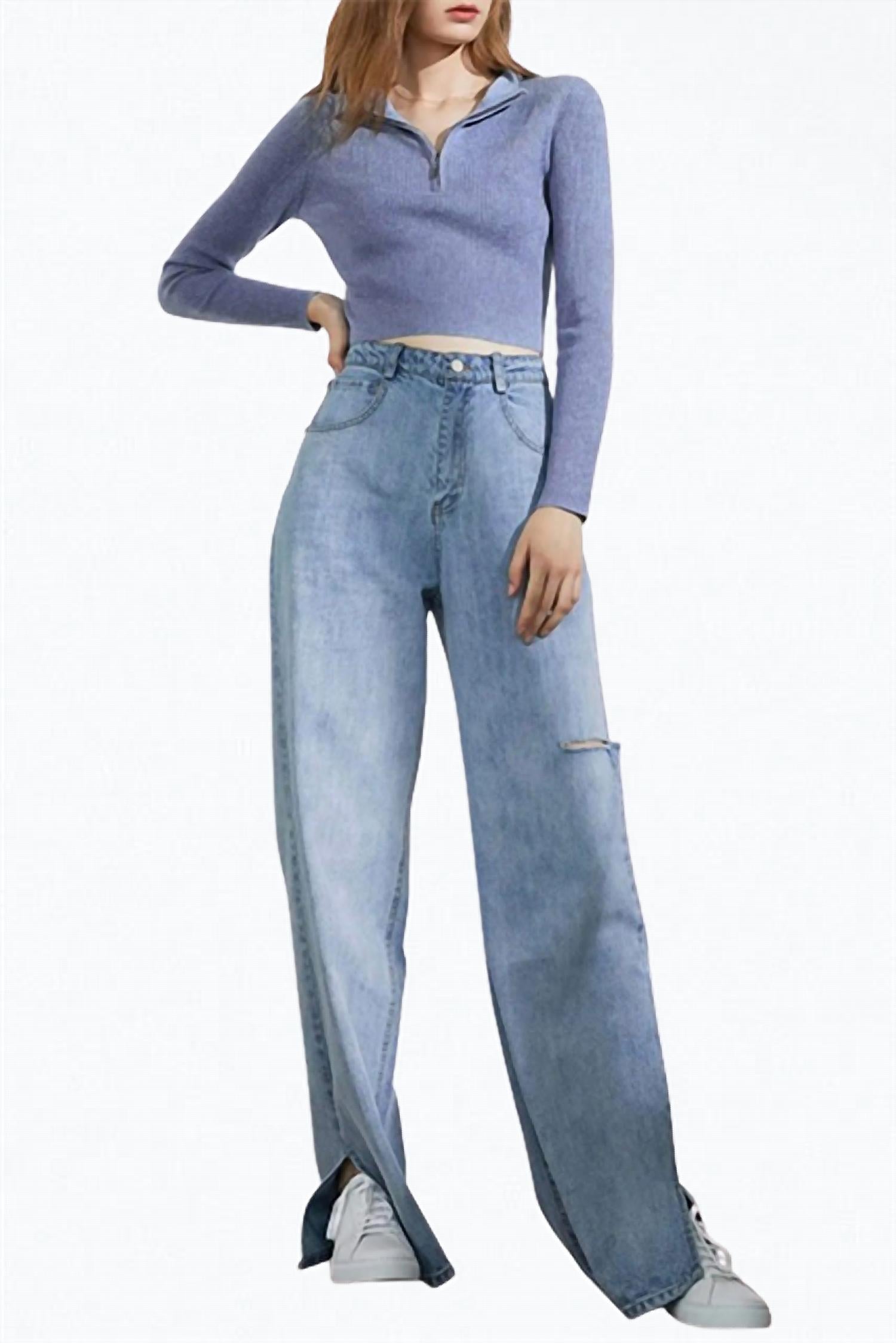 DENNIS CUTOUT SLIT-HEM WIDE-LEG JEANS