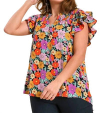 Umgee - Smocked Ruffle Sleeve Floral Top
