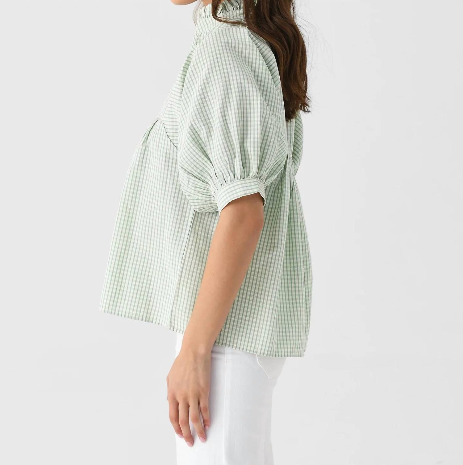 Never a Wallflower High Neck Top in green plaid - women's blouse - detail view