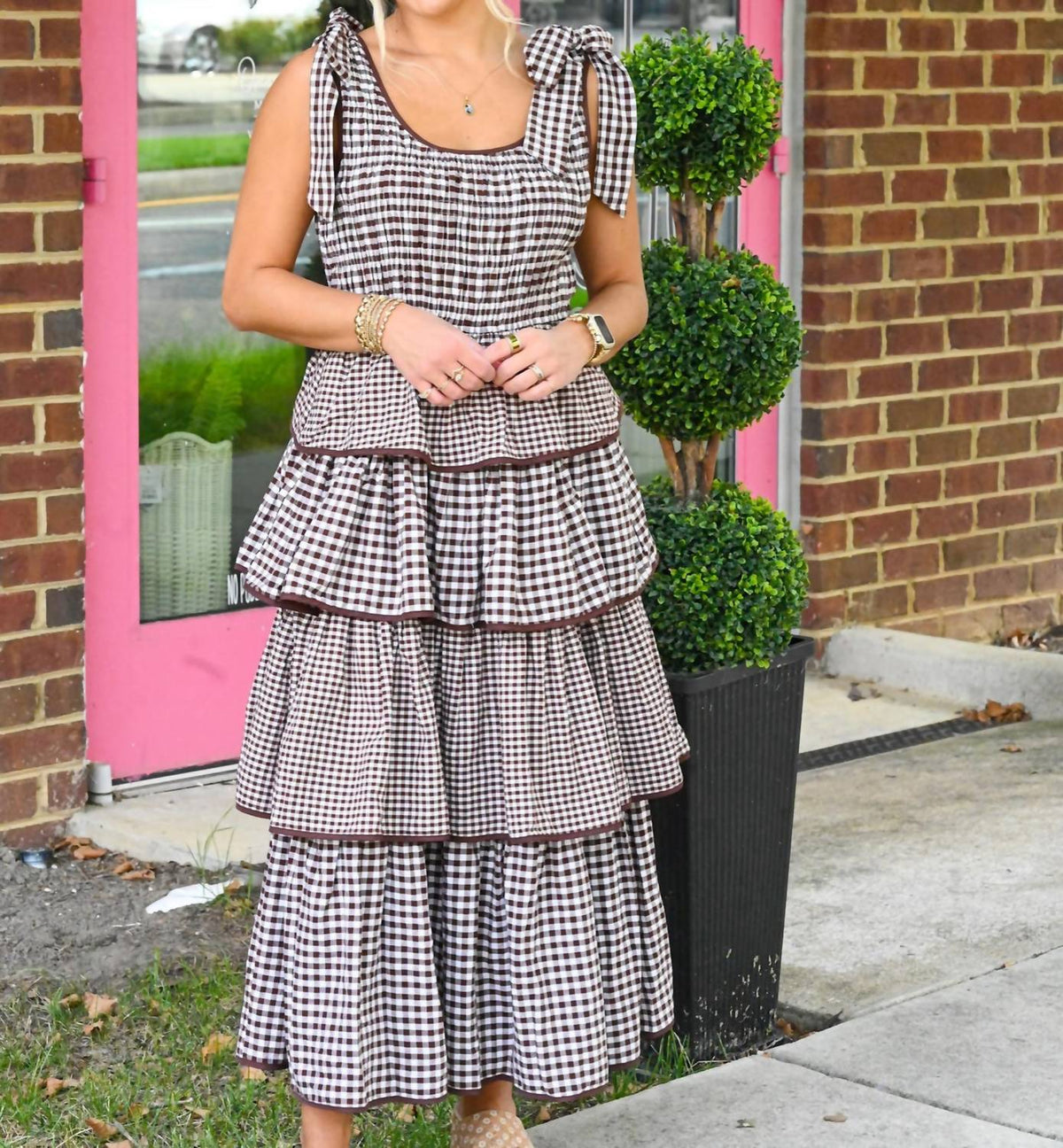 Entro - Gingham Tiered Midi Dress