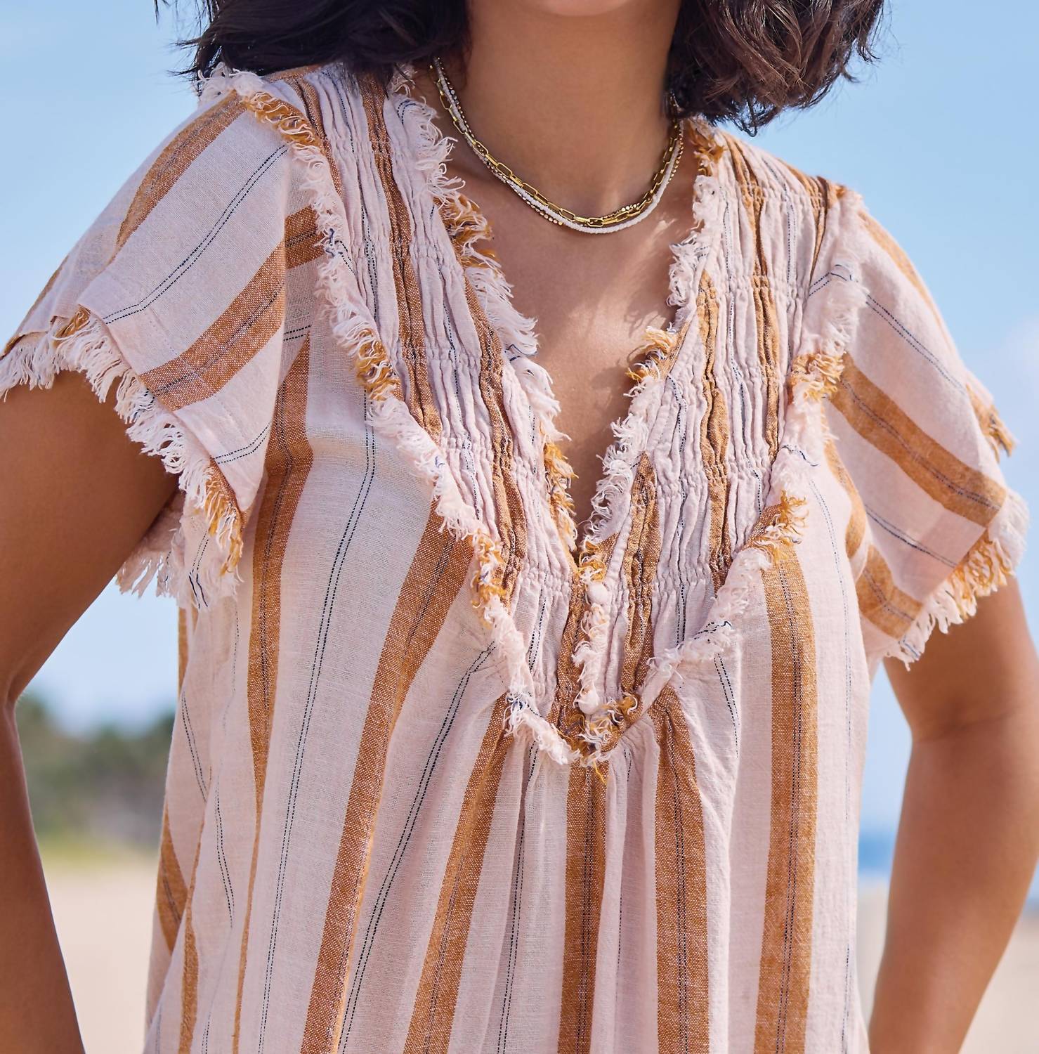 Tribal - SHORT SLEEVE BLOUSE WITH RAW EDGE & SMOCKING