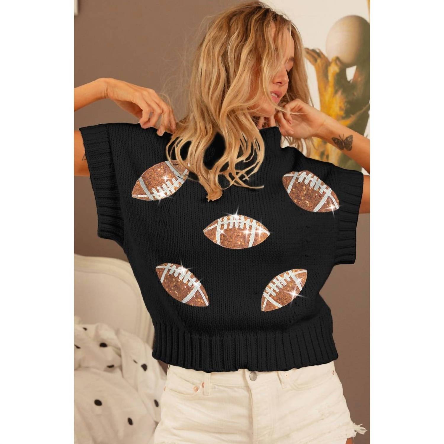 Bibi - Sequin Football Patches Rib Sweater