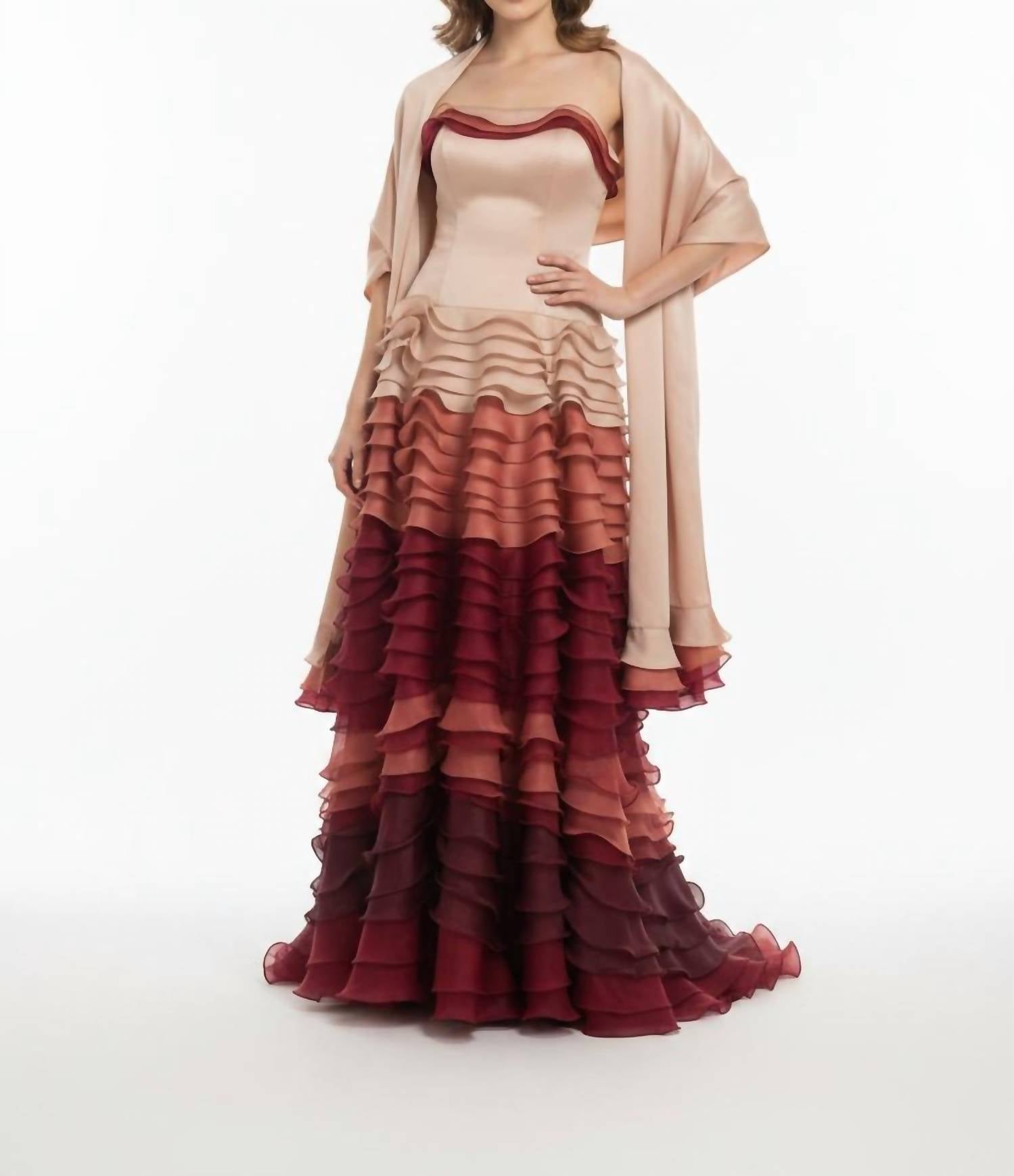 Isabel Sanchis - Strapless Tiered Evening Gown With Wrap