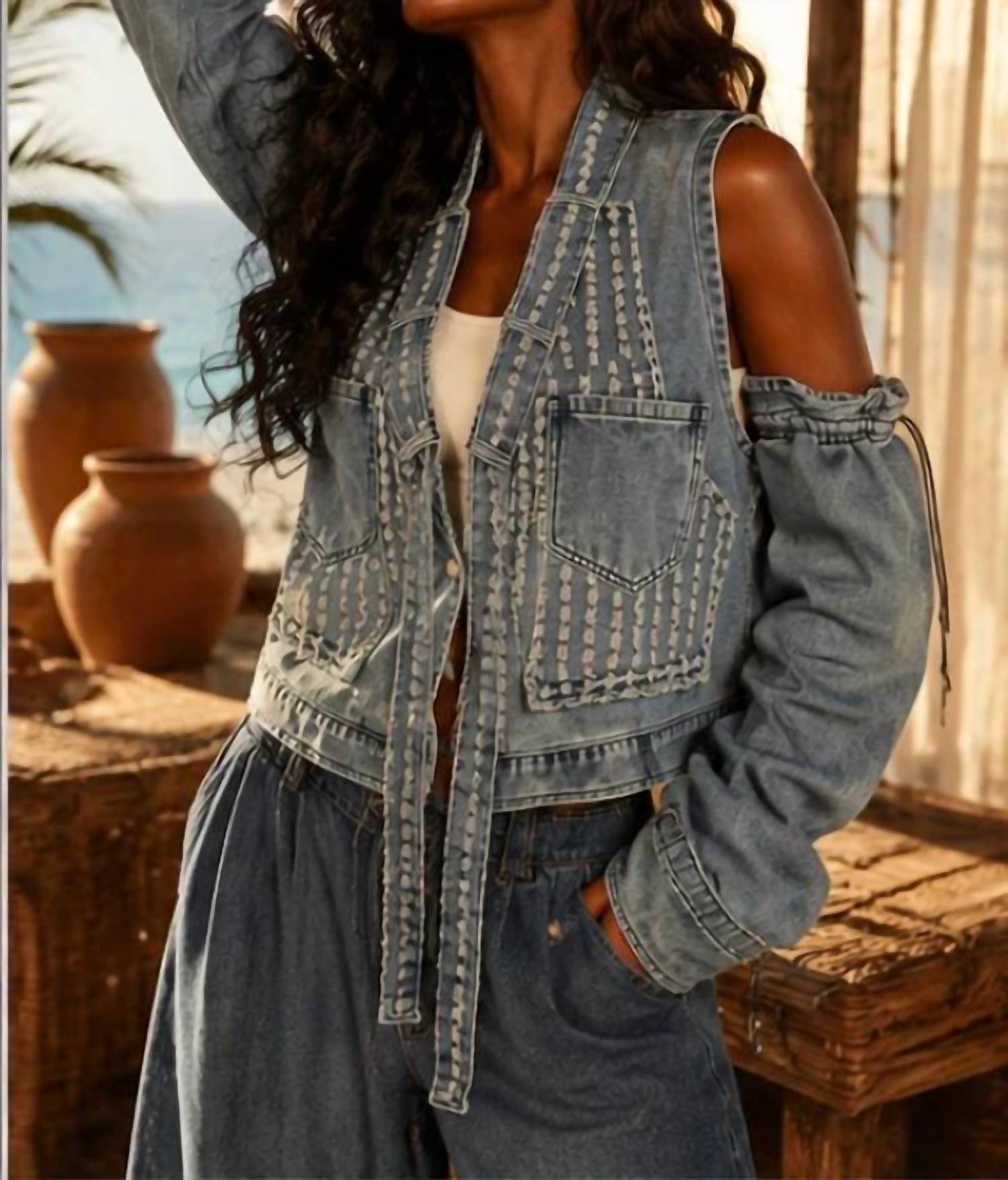 Surelymine - Removable Sleeves Denim Vest Denim Jacket