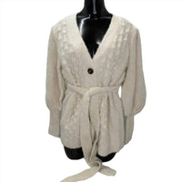 TOCCIN Women's Short Popcorn Button Up Tie Waist Cardigan in cream - women's cardigan