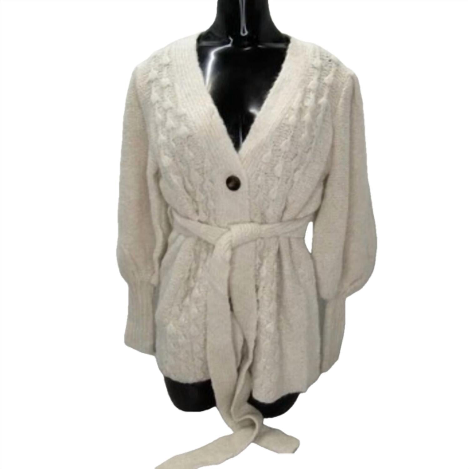 TOCCIN Women's Short Popcorn Button Up Tie Waist Cardigan in cream - women's cardigan
