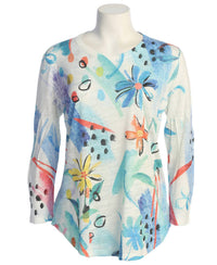 Jess & Jane Women's Flora Burnout Rounded Hem Top in blue multi - women's blouse - detail view