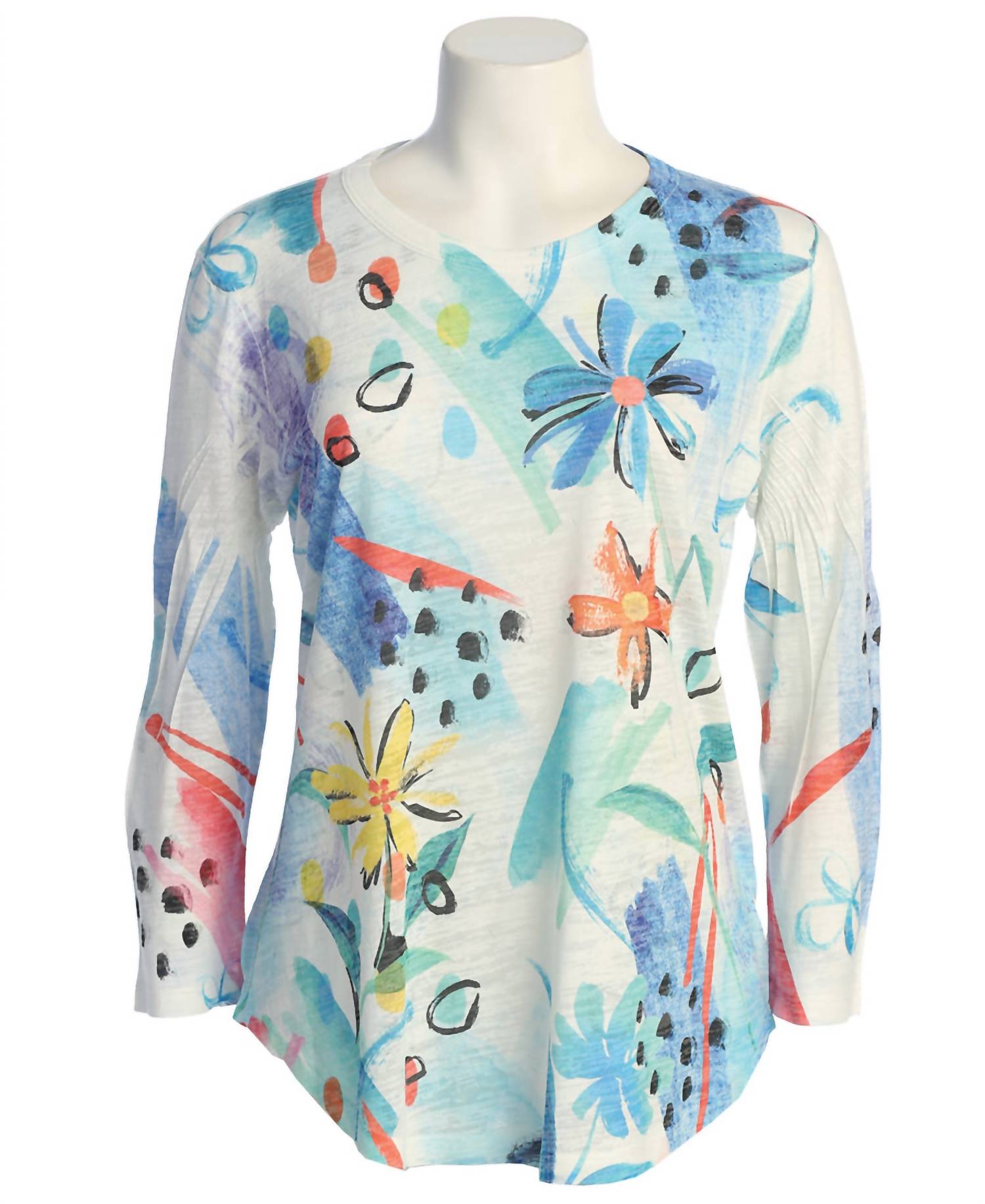 Jess & Jane Women's Flora Burnout Rounded Hem Top in blue multi - women's blouse - detail view