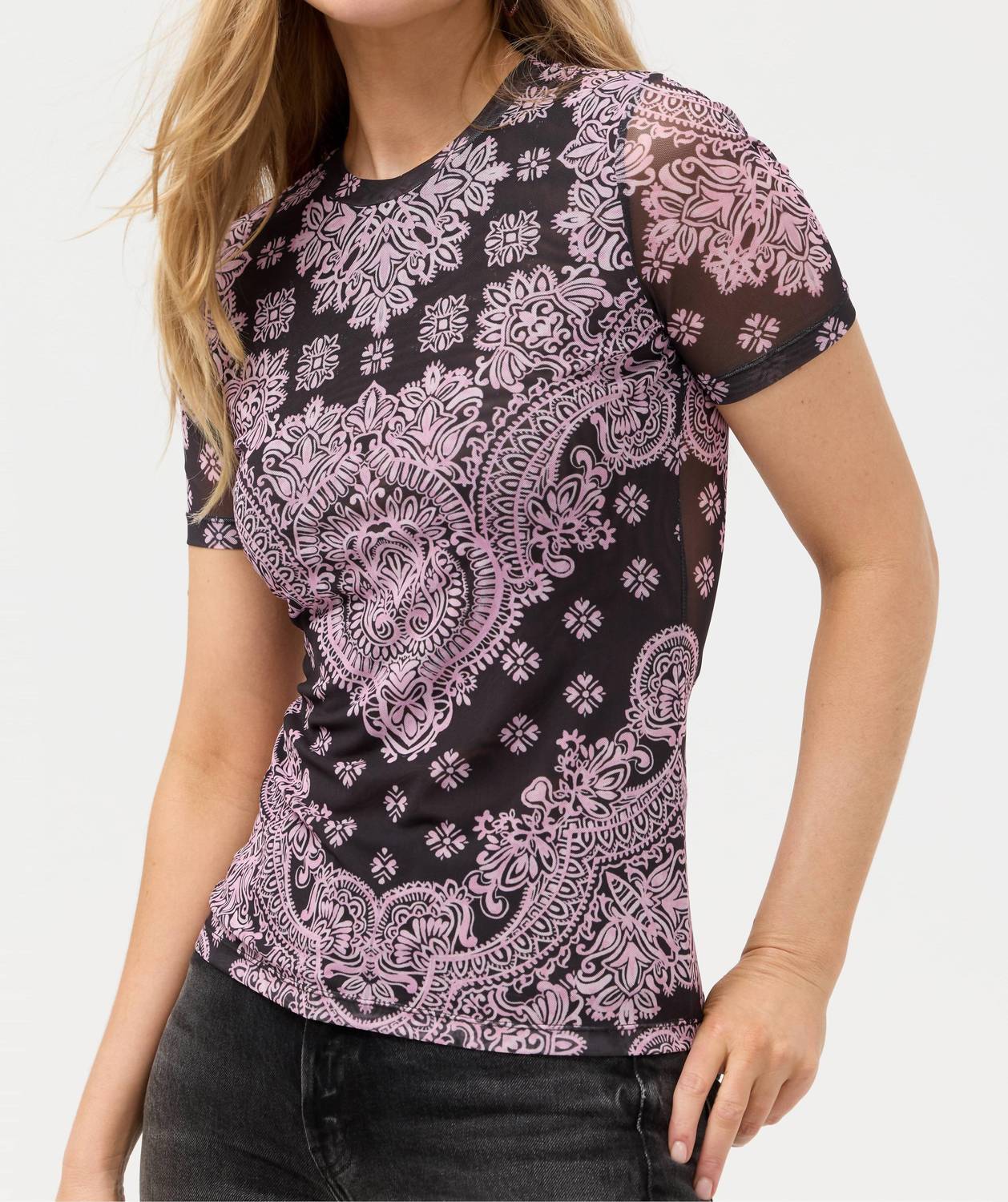 Johnny Was ELEANOR SHORT SLEEVE MESH TEE in tularose black - women's t-shirt