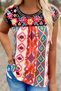 Shiying Fashion - Floral Aztec Geometric Cap Sleeve Top