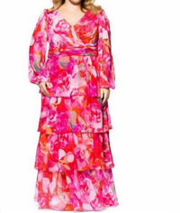 Xscape - Norene Print Chiffon Long Sleeve Ruffle Floor Length Dress - Plus