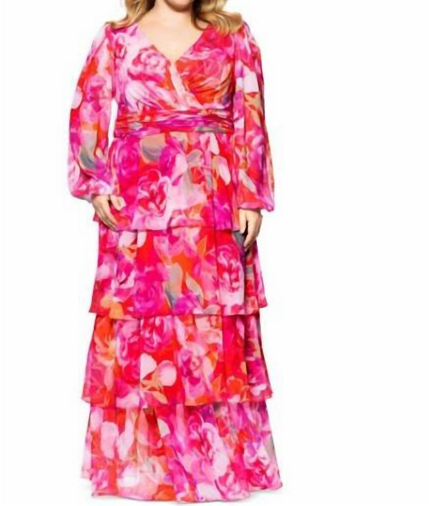 Xscape - Norene Print Chiffon Long Sleeve Ruffle Floor Length Dress - Plus