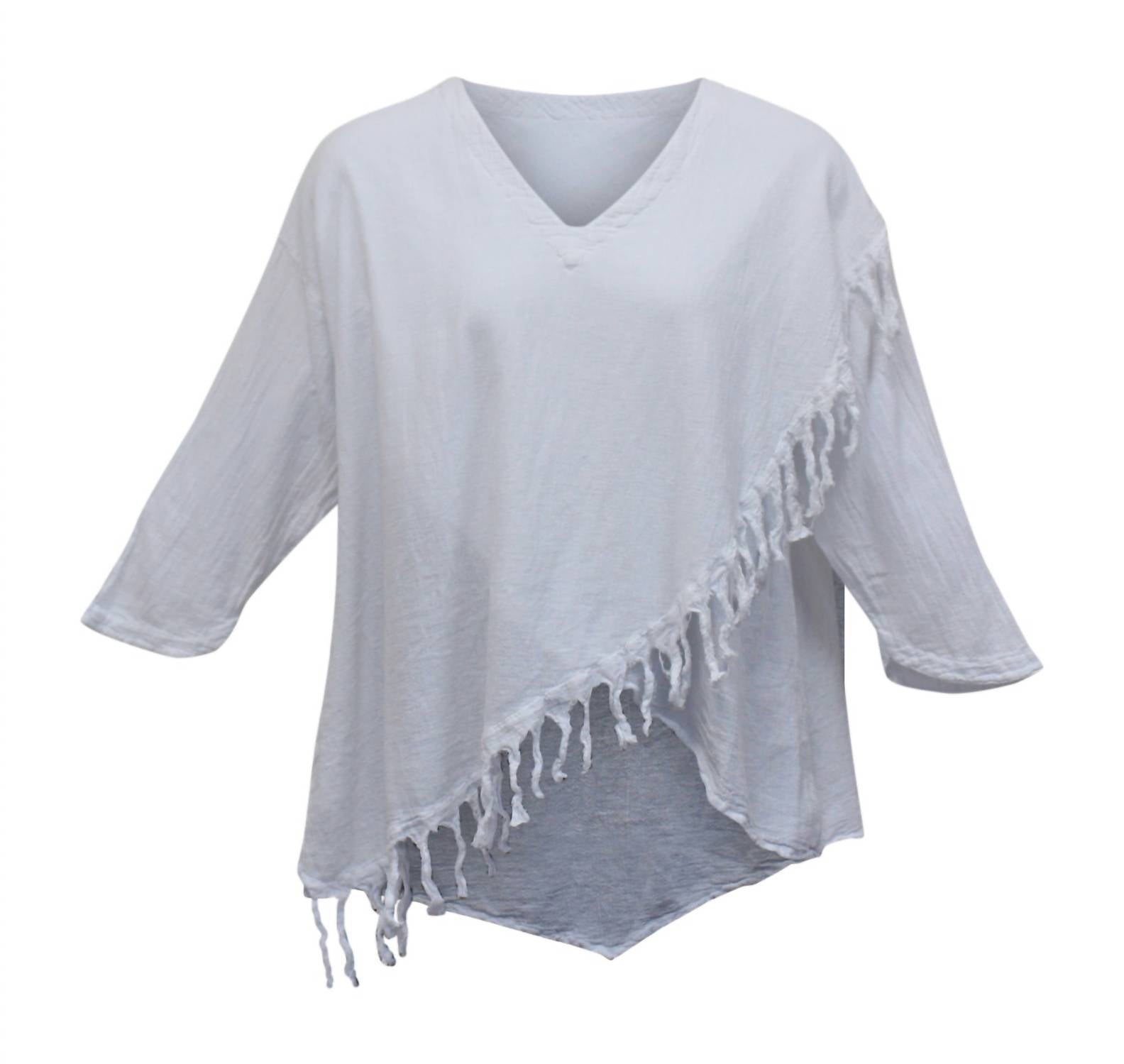 Maria de Guadalajara Women's Fringe Cotton Gauze Top in white - women's blouse