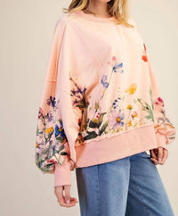 Easel - Floral Printed Terry Knit Pullover Top