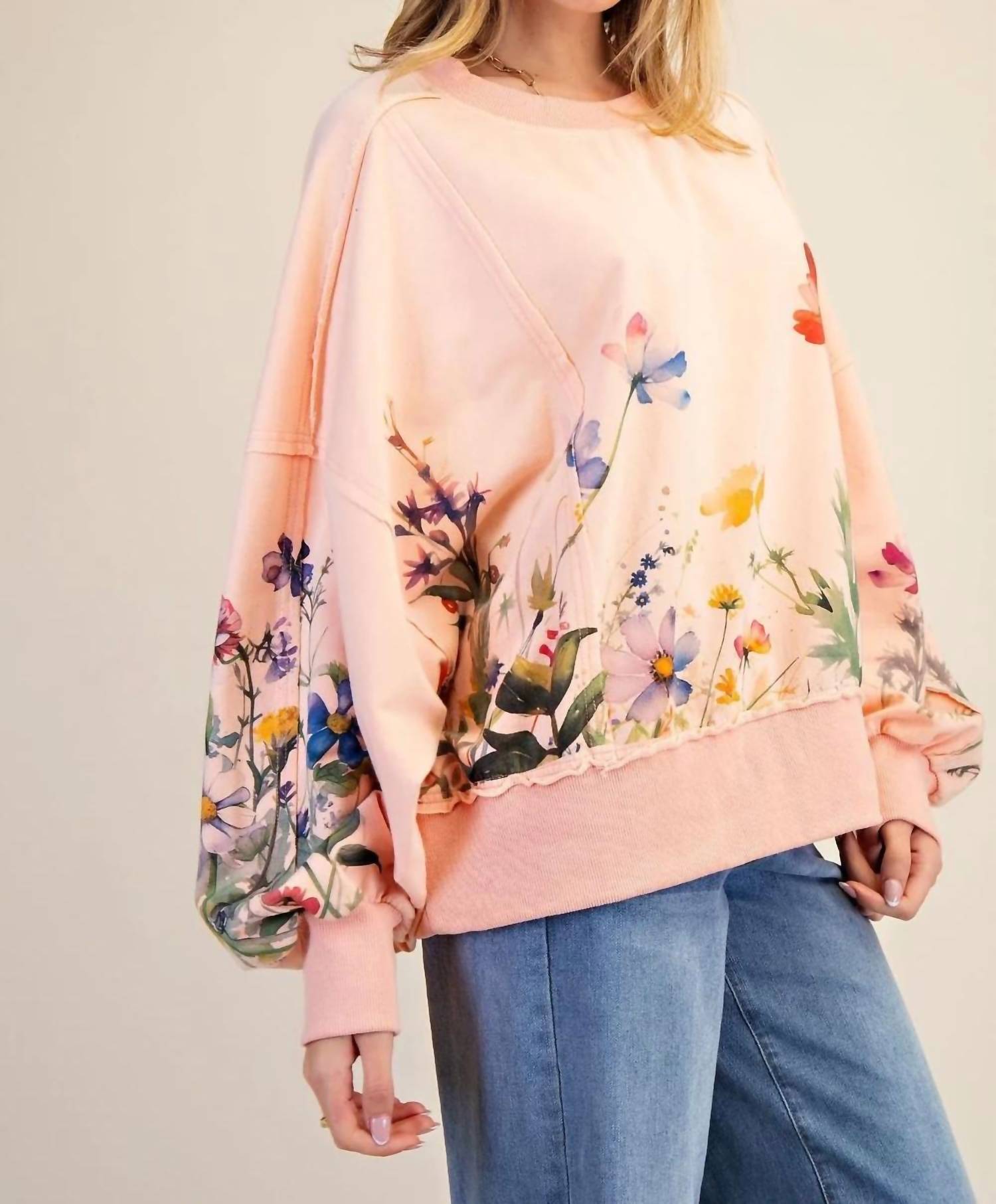 Easel - Floral Printed Terry Knit Pullover Top
