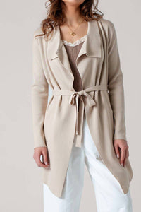 Urban Daizy Draped Front Long Sleeve Waist Tie Cardigan in taupe - women's cardigan - detail view