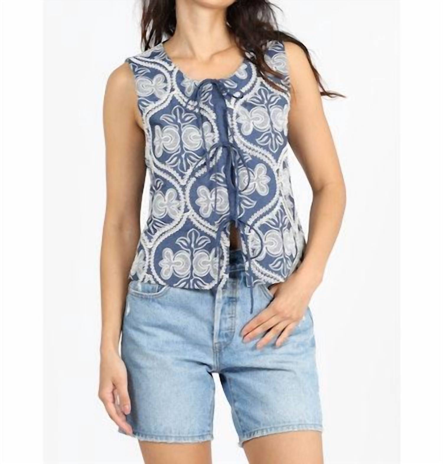 GREYLIN Romy Embroidered Tie Front Top in blue - women's blouse