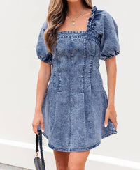 Threaded Pear - Celia Square Neck Bustier Puff Sleeve Short Denim Dress