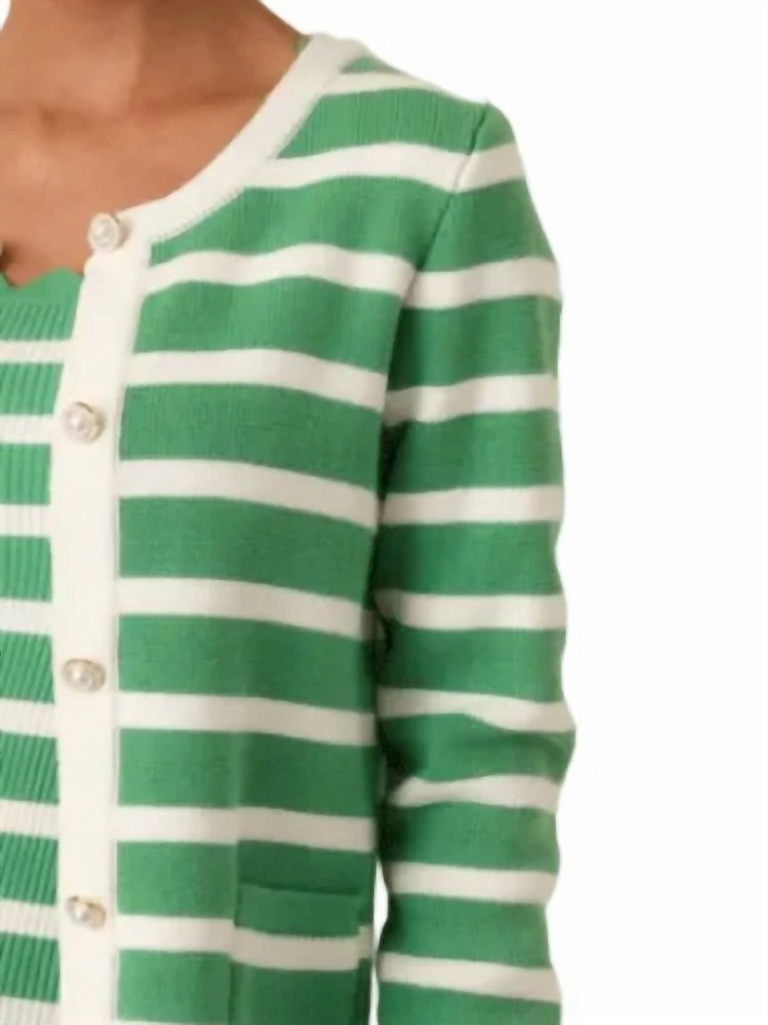 Prosperina Kennedy Cardigan in green tea stripe - women's cardigan - detail view