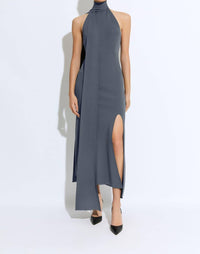 LAPOINTE Matte Viscose Halterneck Dress in grey blue - women's dress