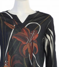 Jess & Jane Women's Lily Trio Slit V-neck Chiffon Contrast Top in black floral burnout - women's blouse - alternate view