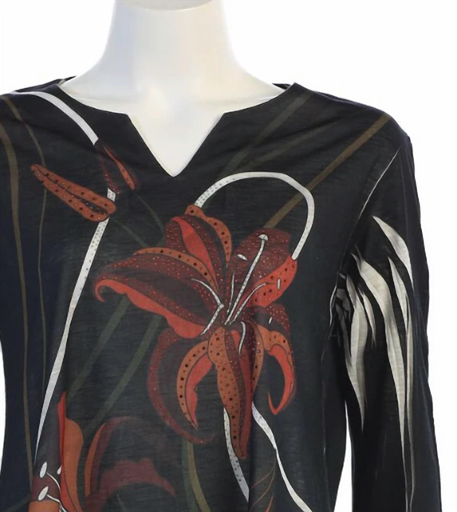 Jess & Jane Women's Lily Trio Slit V-neck Chiffon Contrast Top in black floral burnout - women's blouse - alternate view