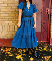 Apny - Long Tiered Dress With Puff Sleeve