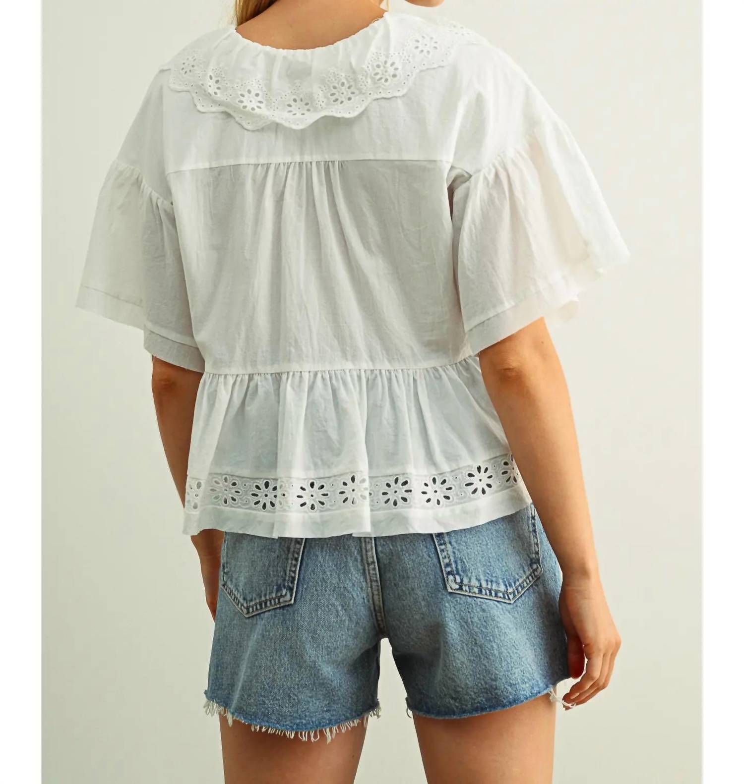 Miou Muse - Aria Romantic Eyelet Ruffle Blouse