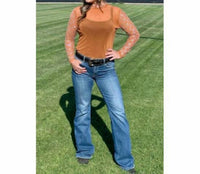 Sterling Kreek Rhinestone Checkered Mesh Top in burnt orange - women's blouse - alternate view