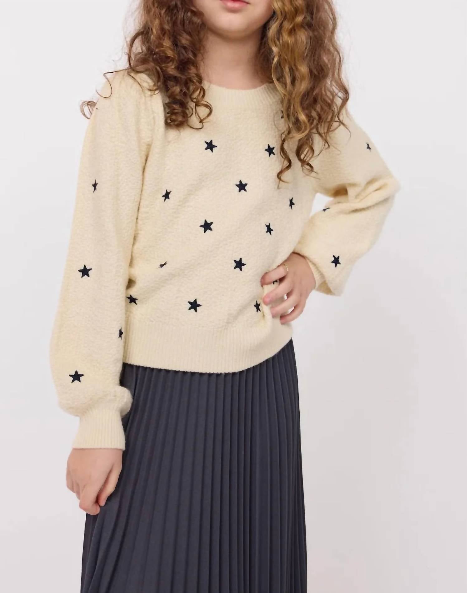 Sadie & Sage Star Embroidered Sweater Top in cream navy - kids' sweater