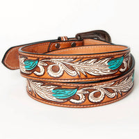 American Darling Women's Tooled Leather Western Belt in turquoise feathers - women's accessory - alternate view