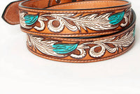 American Darling Women's Tooled Leather Western Belt in turquoise feathers - women's accessory - detail view
