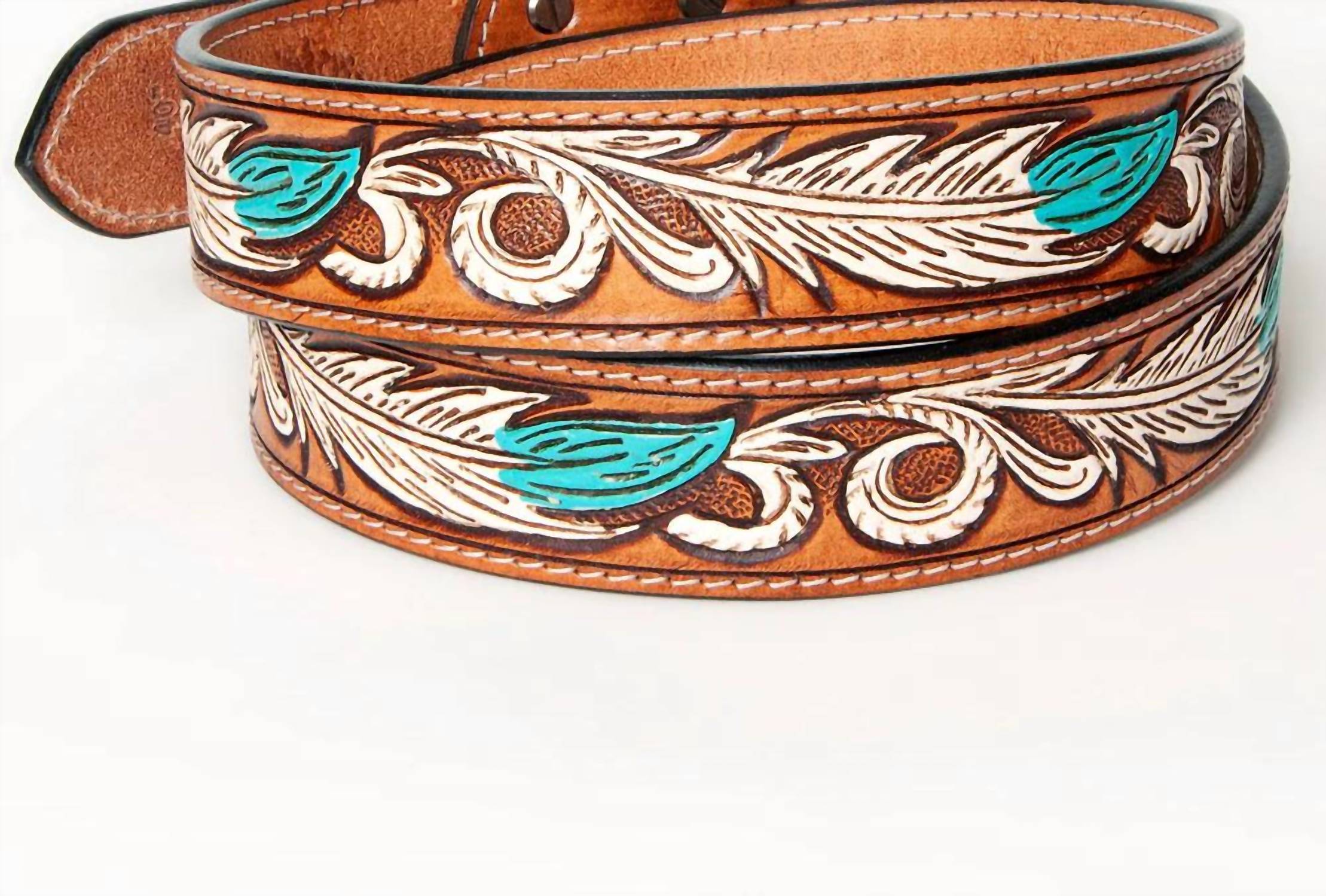 American Darling Women's Tooled Leather Western Belt in turquoise feathers - women's accessory - detail view