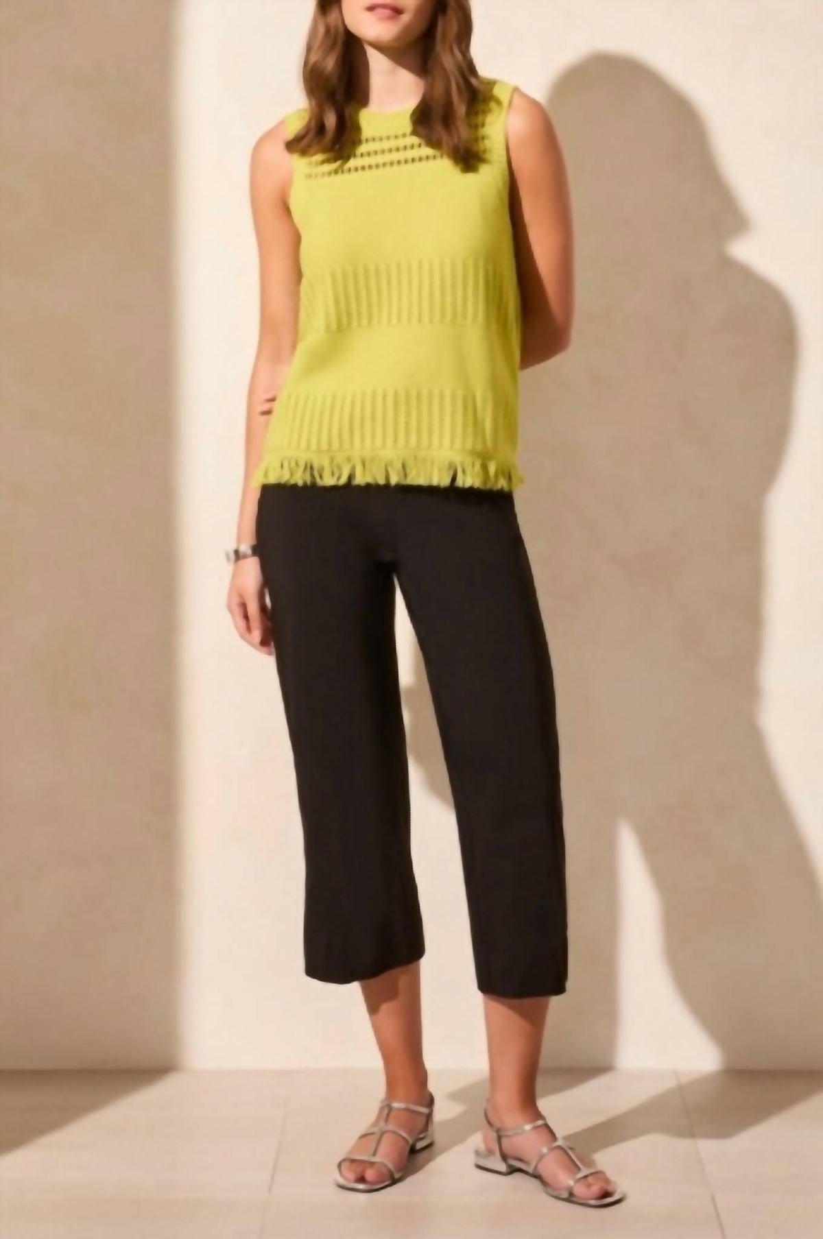 Tribal - Sleeveless Fringe Hem Crew Neck Sweater